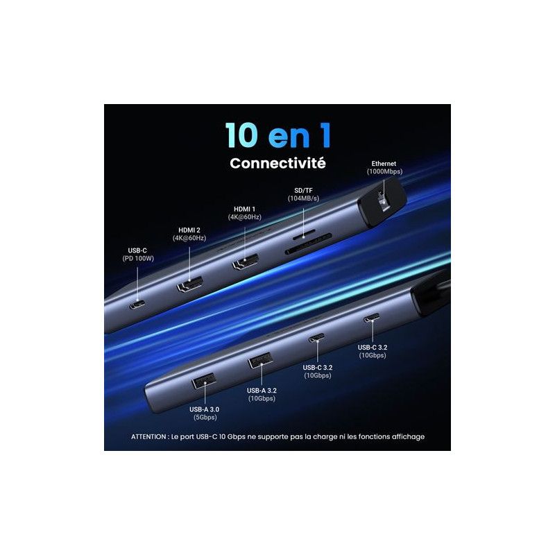 UGREEN Hub 10 en 1 3xUSB3.2/USB-C/HDMI 4K *15596 · Dock Station · Informat Systems Strasbourg (image 3)
