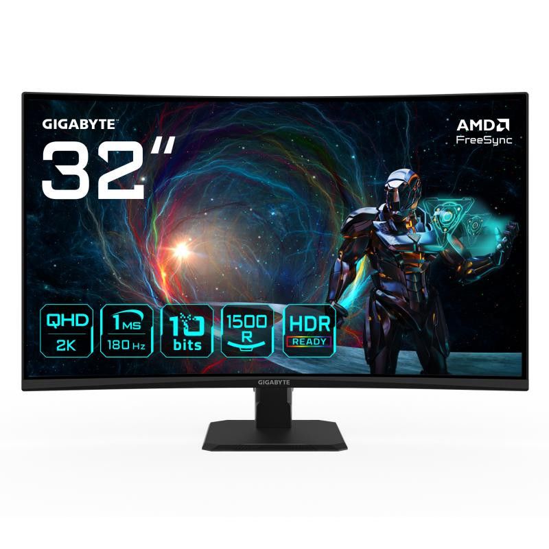 GIGABYTE GS32QCA 31,5" Moniteur Gaming Incurvé QHD - 2560 x 1440, 180Hz, 1ms, 250 cd/m², FreeSync, HDR Ready, HDMI 2.0, Di...